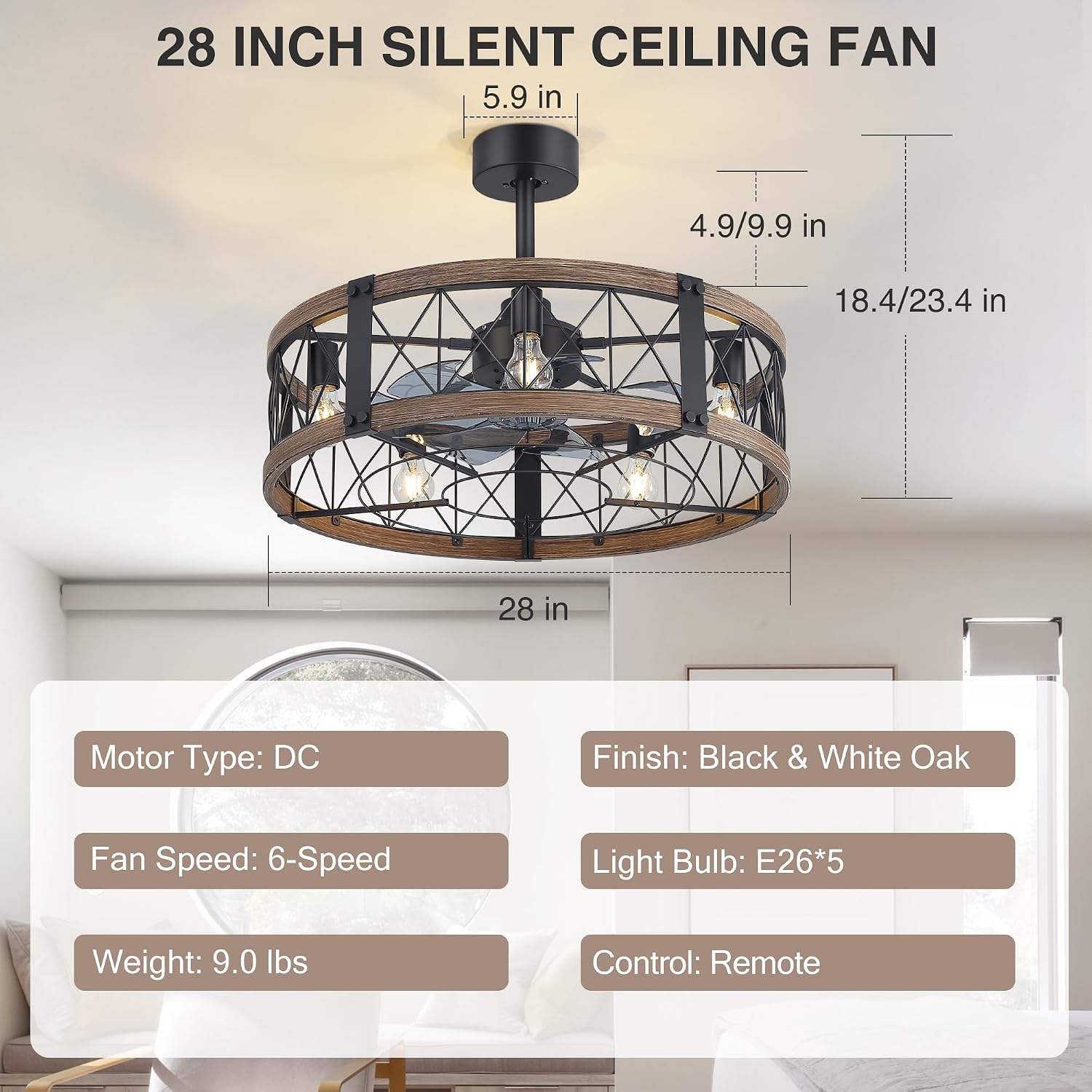 28' Traditional Caged Ceiling Fans with Lights and Remote, 6-Speed Reversible DC Motor, 2 Downrods, Industrial Black and Brown Farmhouse Enclosed Ceiling Fan for Bedroom Living Room
