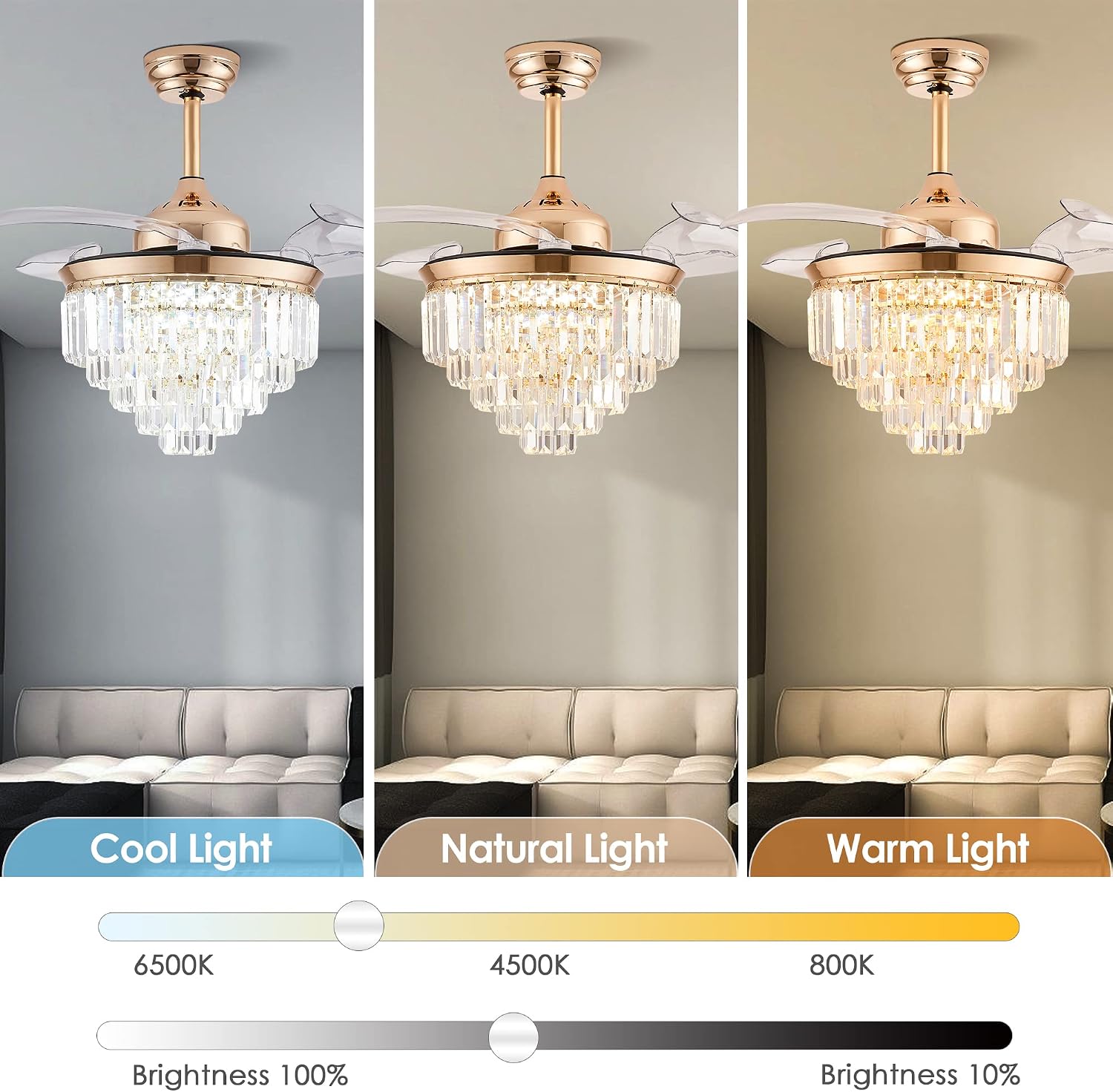 Finktonglan 36' Gold Crystal Flush Mount Fandelier Ceiling Fan with Light, Retractable Blades, Dimmable 72W LED, Remote & App Control, Quiet Reversible Motor, 6 Speeds for Bedroom/Living Room