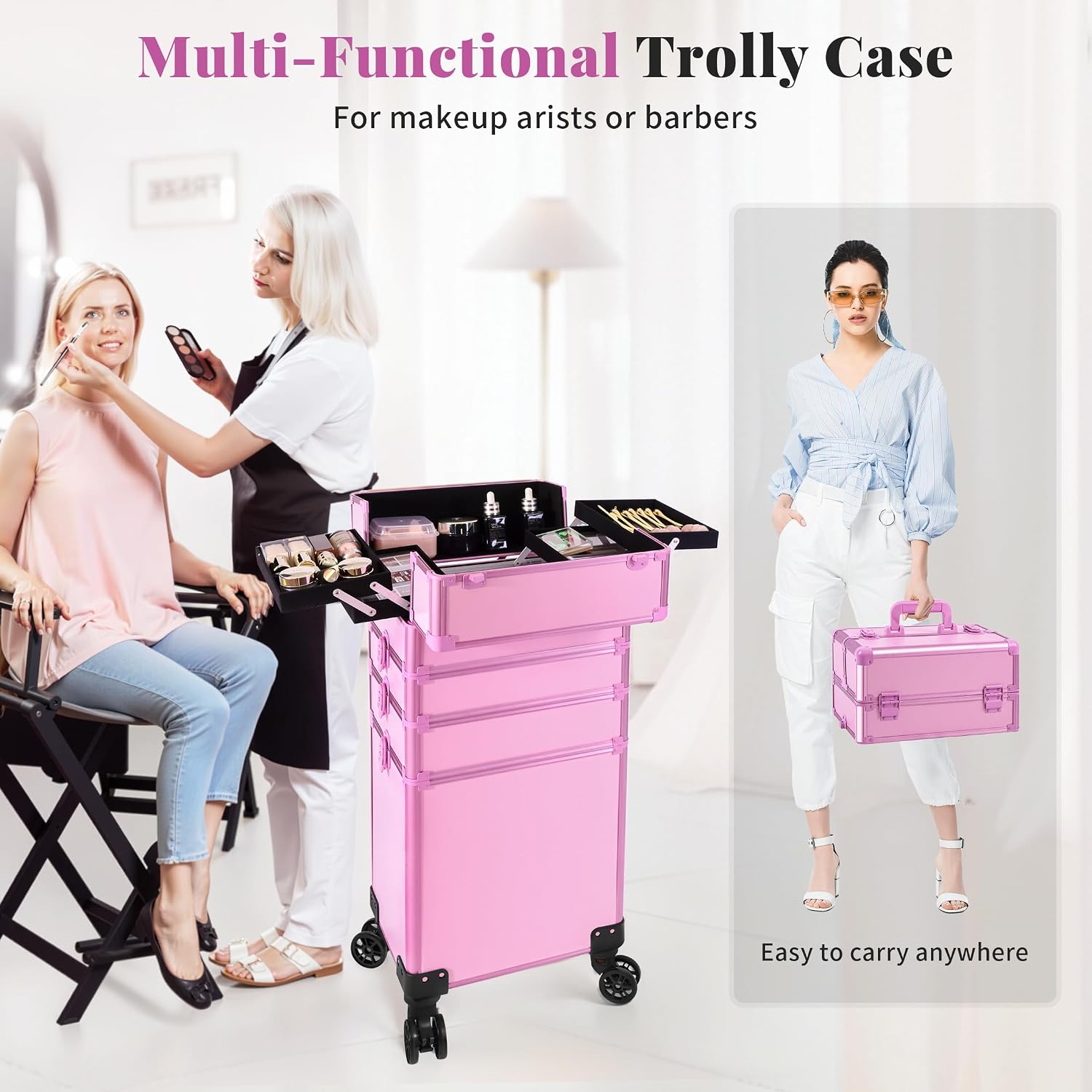Professional Rolling Makeup Train Case with Lid, 5 in 1 Cosmetology Case on Wheels, Large Cosmetic Trolley Organizer Travel for Hairstylist Artist Nail Beauty Salon Barber, Pink