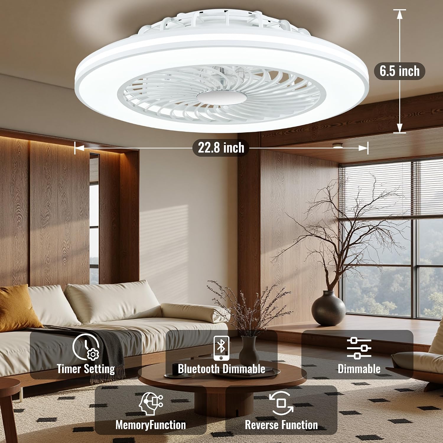 24'' Low Profile Bladeless Ceiling Fans with Lights, Remote/APP Control, 3CCT Dimmable, Flush Mount Ceiling Fan with 6-Speed Reversible for Bedroom Living Room