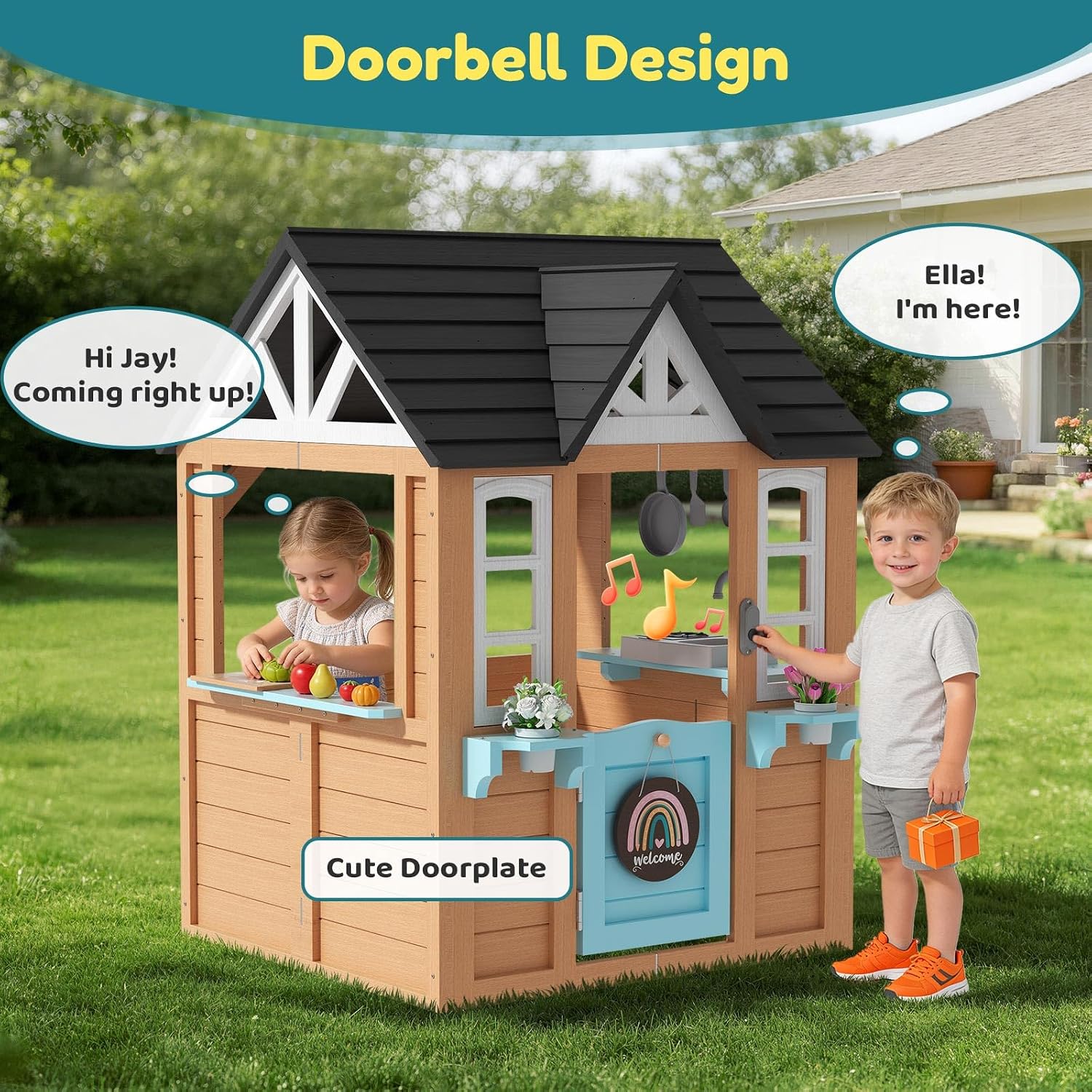 BIERUM Outdoor Playhouse for Kids - Wooden Kid Play House with Play Kitchen, Birdhouse, Flowerpot Holders and Mud Molds, Premium Wood Kids Cottage for Ages 3-8, Backyard Pretend Play, Blue & Brown