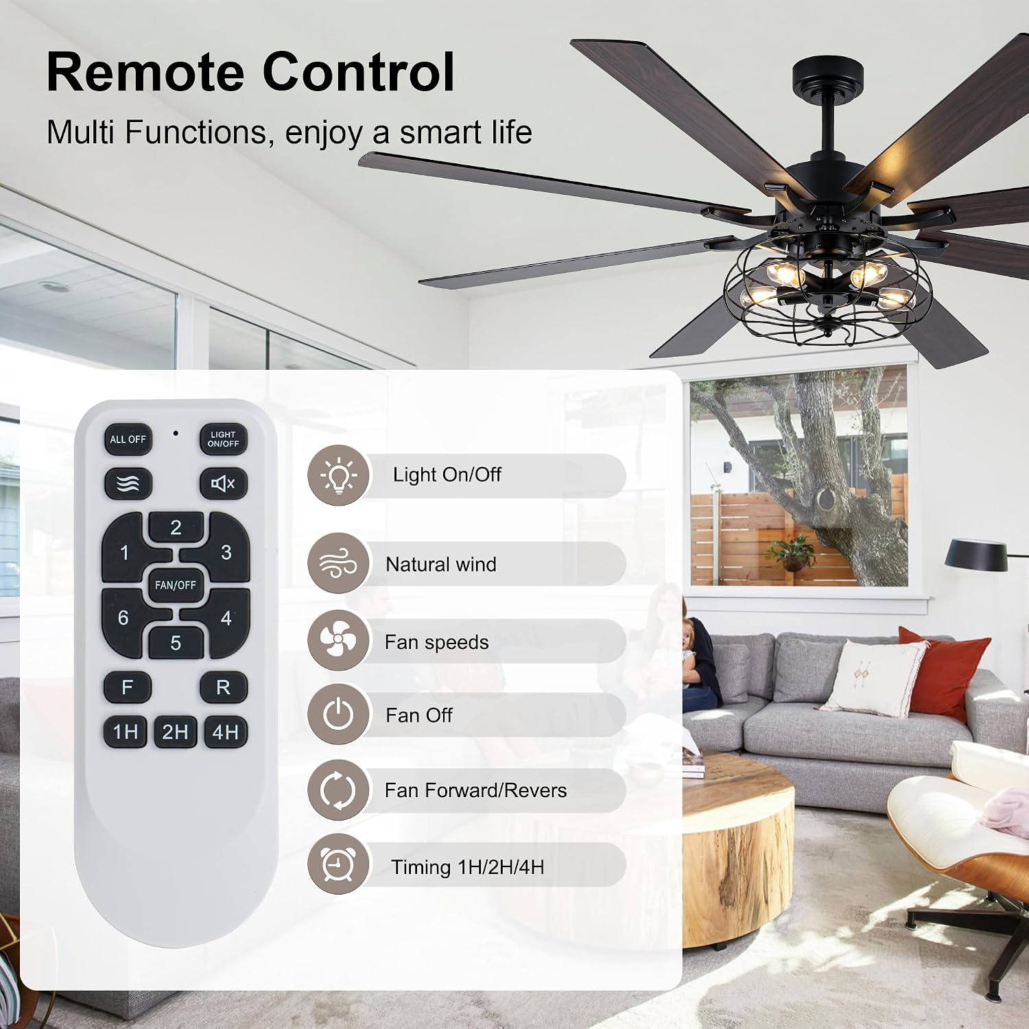 72 Inch Farmhouse Ceiling Fan with Lights and Remote Industrial Caged Ceiling Fan Large Rustic Fandelier Chandelier Light for Indoor Outdoor, 5 E26 Bulbs (Not Included), Reversible 6 Speeds