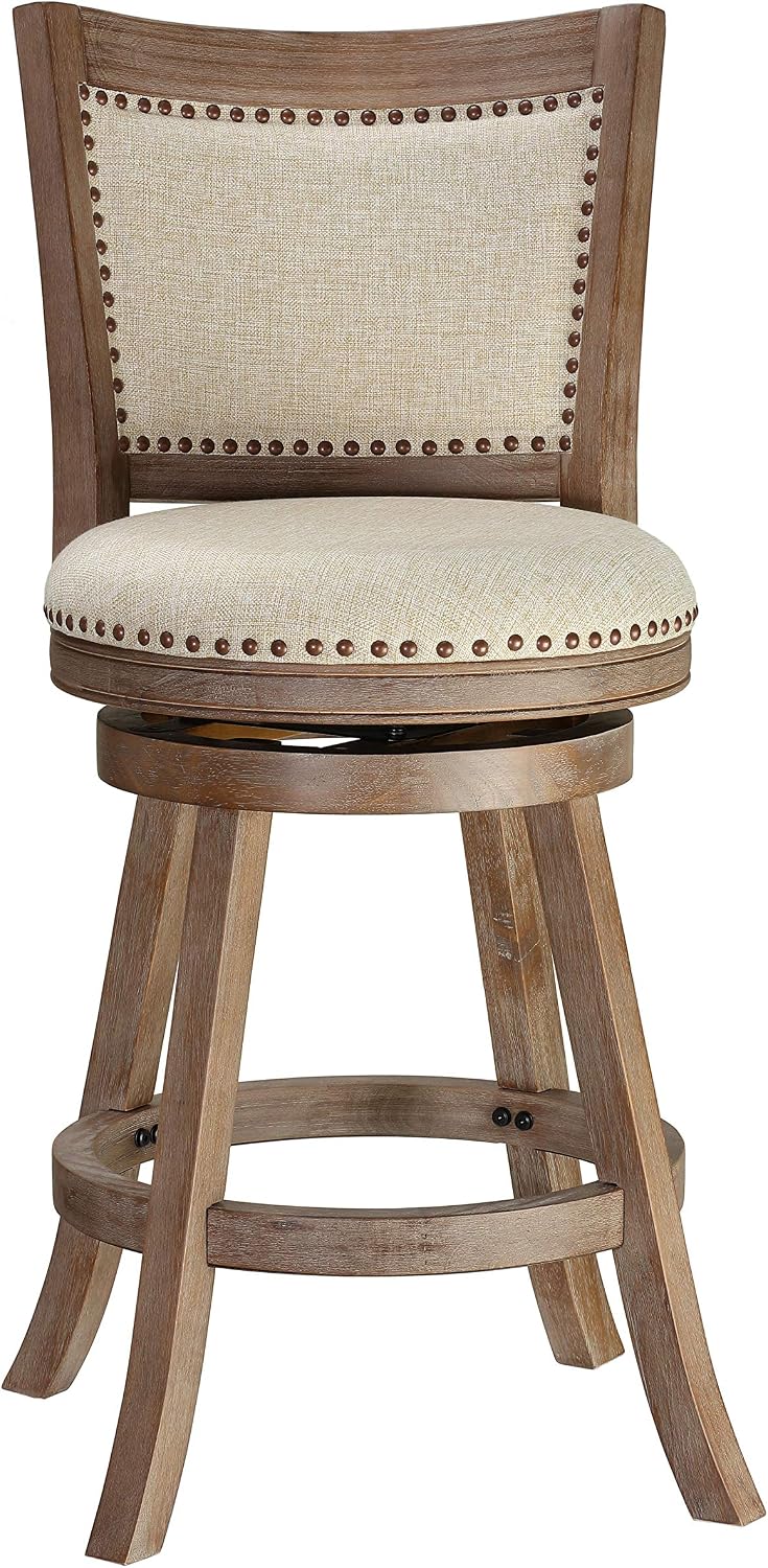 Cortesi Home Marko Stool in Beige Fabric Swivel Seat with Back, 24' Counter Height, Driftwood