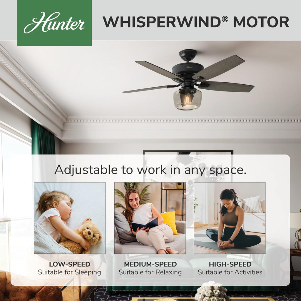 Hunter 52 inch Indoor Ceiling Fan with LED Light and Remote Control - Standard Mount Black Ceiling Fan, 5 Blades, For Bedroom, Living Room, or Kitchen, Quiet - Bennett 54187, Matte Black