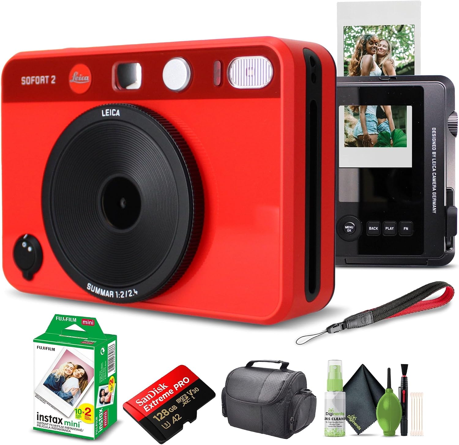 Leica Sofort 2 Hybrid Instant Photo Film and Digital Camera (Red) (19189) with LCD Display Bundle with Fujifilm Instant Film 20 Sheets + 128 GB Memory Card + Bag + Cleaning Kit