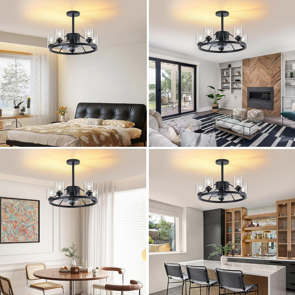 Miuyhji 24' Ceiling Fans with Lights Wagon Wheel Chandelier, Farmhouse Fandelier Black Fans with Glass Lampshade Light Fixture, 6 Speed, Timing, Adjustable Height for Dining Room Living Room