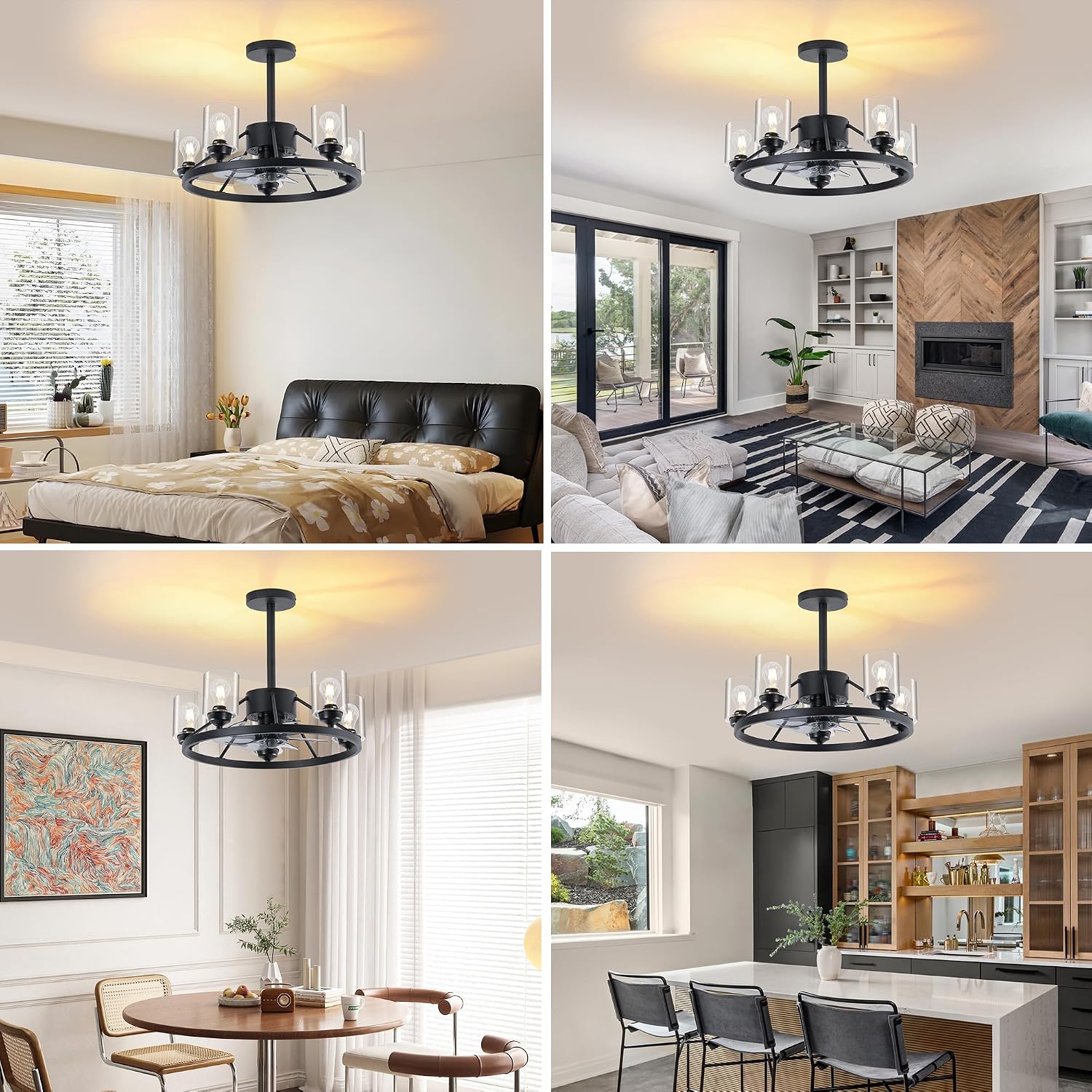 Miuyhji 24' Ceiling Fans with Lights Wagon Wheel Chandelier, Farmhouse Fandelier Black Fans with Glass Lampshade Light Fixture, 6 Speed, Timing, Adjustable Height for Dining Room Living Room