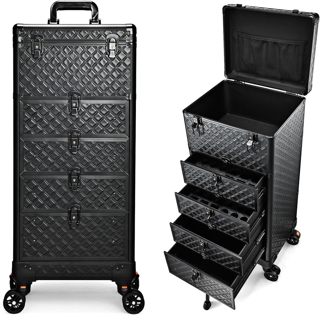 Yueieoun Nail Salon Cart with 4 Drawers,Rolling Makeup Train Case for Beauty,Cosmetology Case on Wheels,Trolley Cart,Lockable Organizer Travel Case for Manicure/Face Painting/Hairstylist/Tattoo Artist