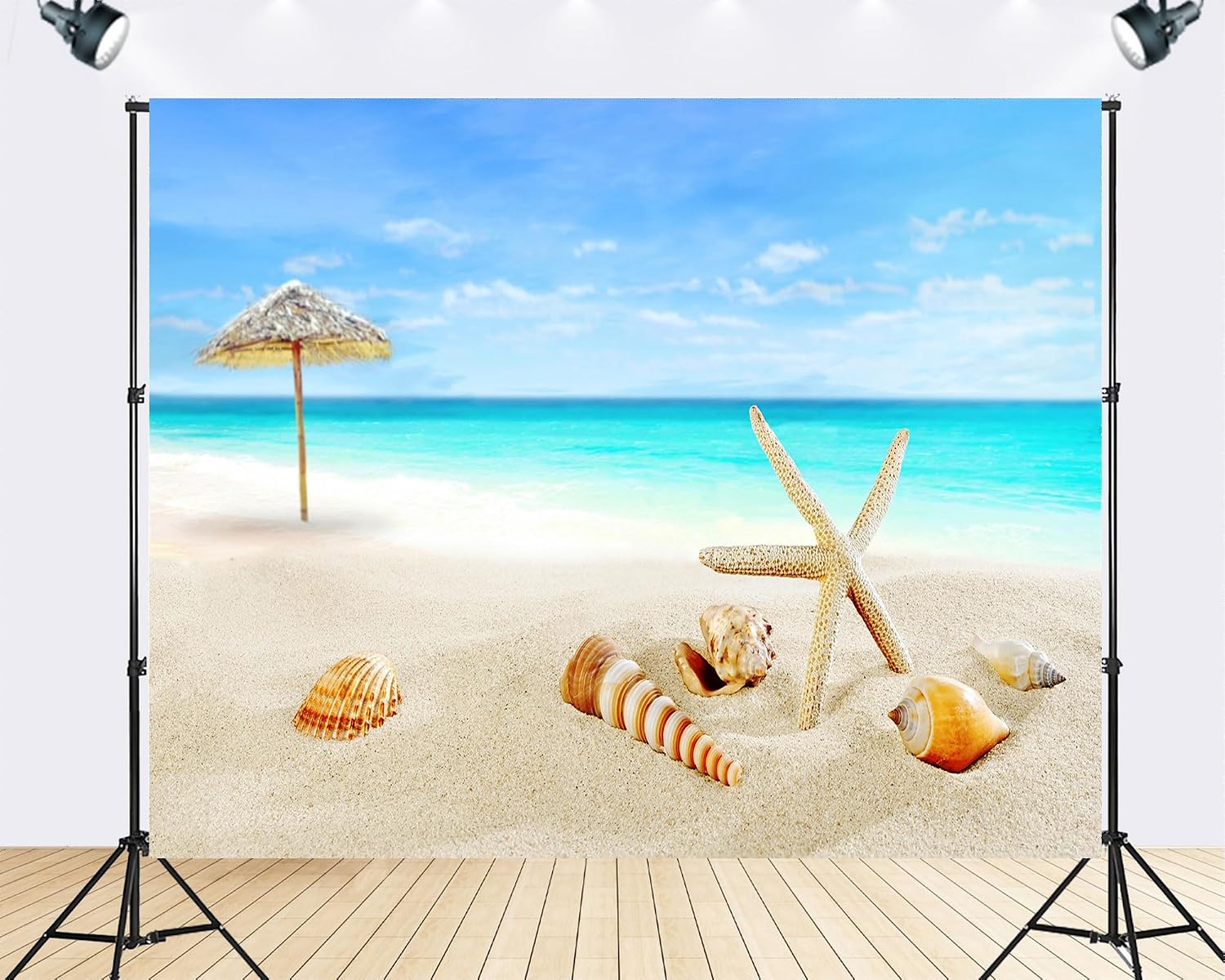 Trykid 20x10ft Tropical Beach Starfish Shells Backdrop Thatched Umbrella Clear Water Photography Background Coastal Treasure Tapestry Party Decoration Photo Studio Prop Fabric