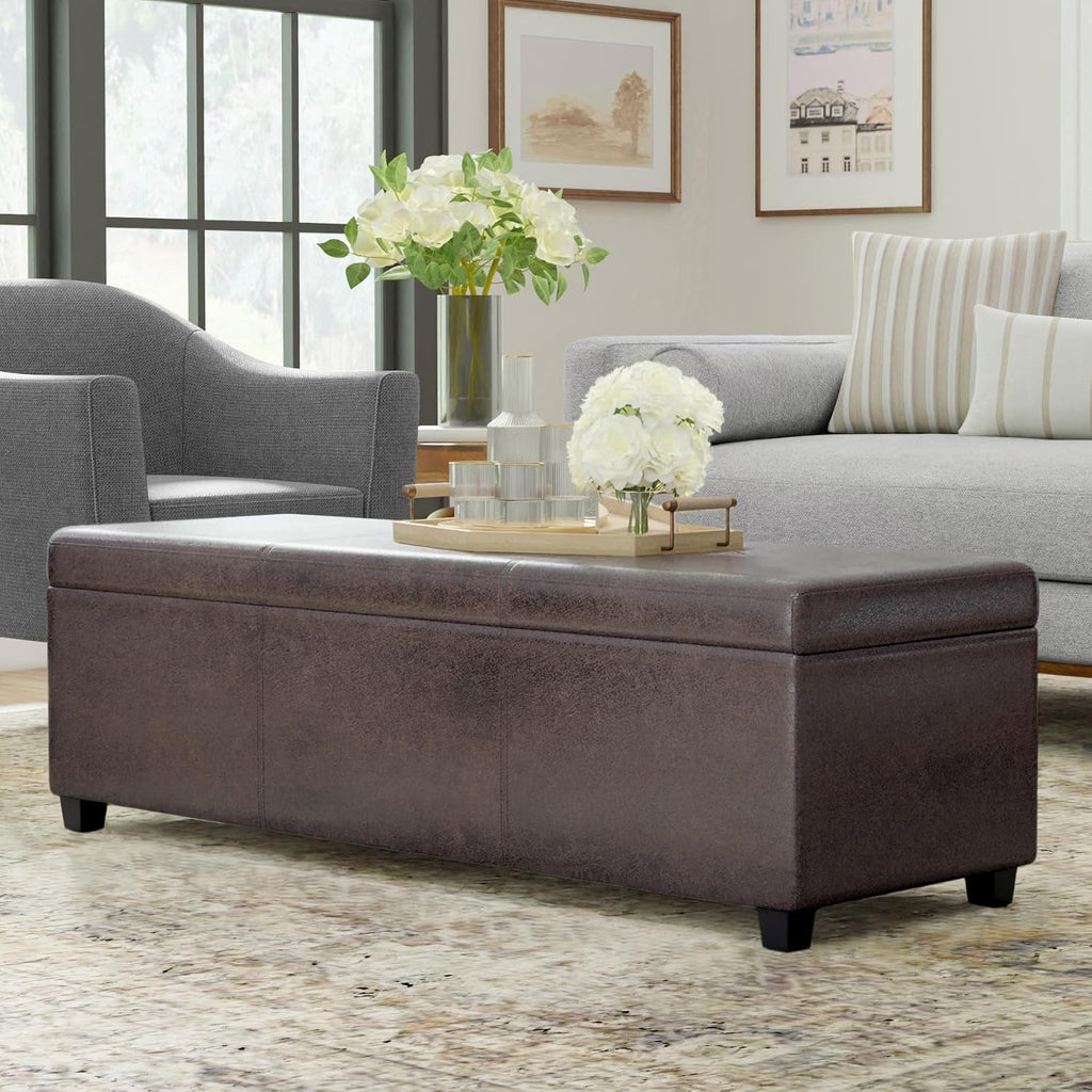 SIMPLIHOME Avalon Extra Large Storage Ottoman Bench - 54 inch Wide Upholstered Vegan Leather Rectangular Lift-Top Ottoman in Distressed Brown, Contemporary Bench for Living Room with Hidden Storage