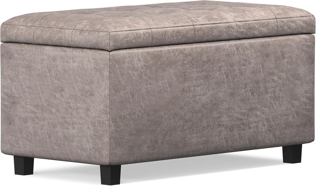 SIMPLIHOME Cosmopolitan Storage Ottoman - 34 inch Wide Upholstered Vegan Leather Rectangle Storage Ottoman Bench in Distressed Grey Taupe, Transitional Tufted Ottoman for Living Room with Lift-Up Lid