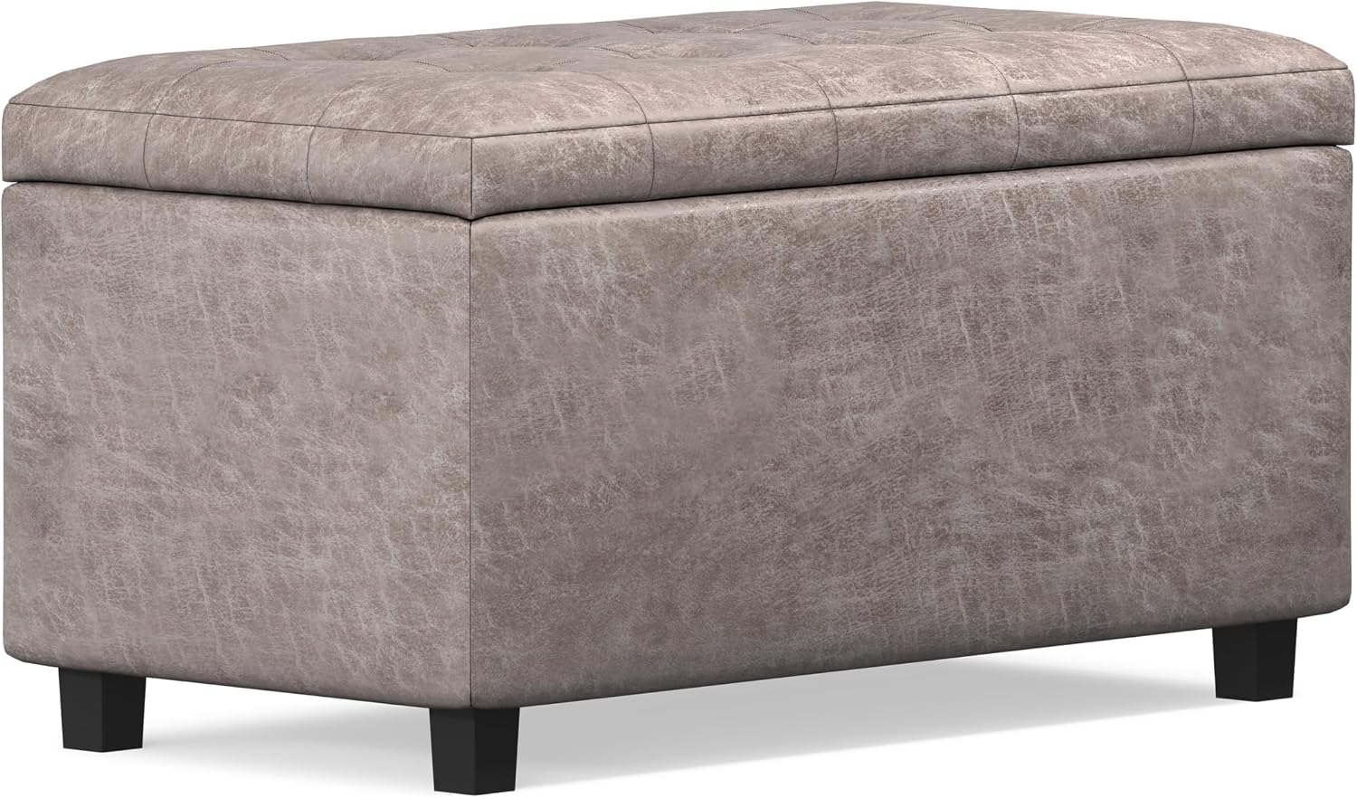SIMPLIHOME Cosmopolitan Storage Ottoman - 34 inch Wide Upholstered Vegan Leather Rectangle Storage Ottoman Bench in Distressed Grey Taupe, Transitional Tufted Ottoman for Living Room with Lift-Up Lid