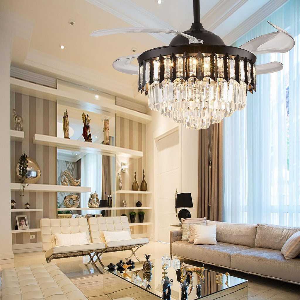 42' Dimmable Black Fandelier Ceiling Fans with Lights and Remote Modern Retractable Blade Crystal Chandelier Ceiling Fan with Lights for Bedroom Dinning Room Living Room