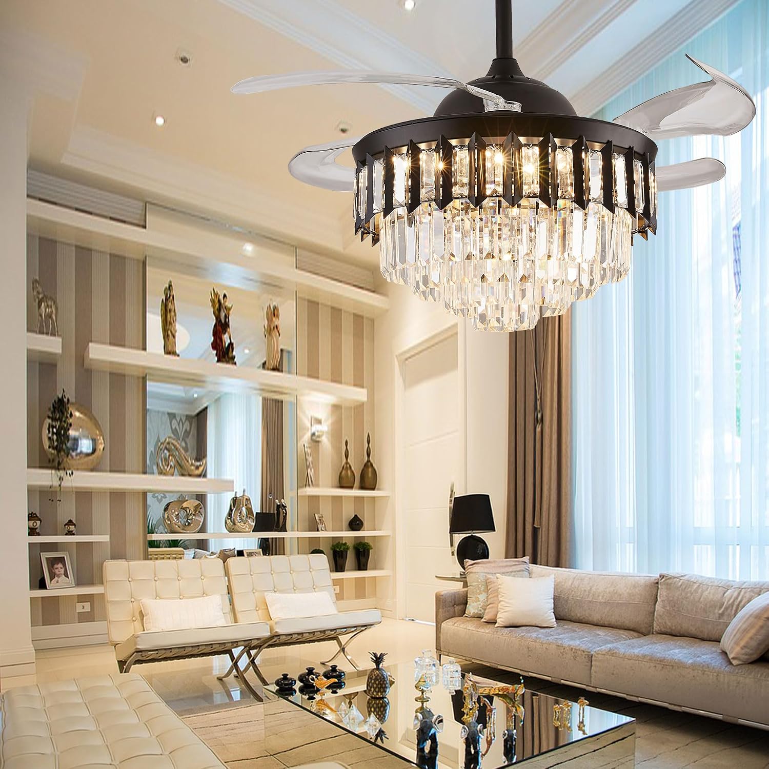 42' Dimmable Black Fandelier Ceiling Fans with Lights and Remote Modern Retractable Blade Crystal Chandelier Ceiling Fan with Lights for Bedroom Dinning Room Living Room