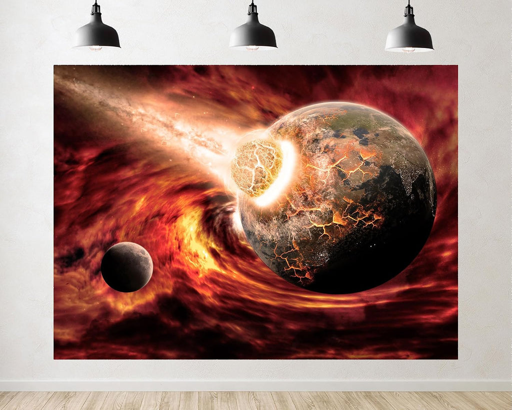 Trykid 20x10ft Apocalyptic Planet Collision Space Backdrop Fiery Cosmic Destruction Scene Photography Background Sci-Fi Event Party Decoration Tapestry Photo Booth Prop Fabric
