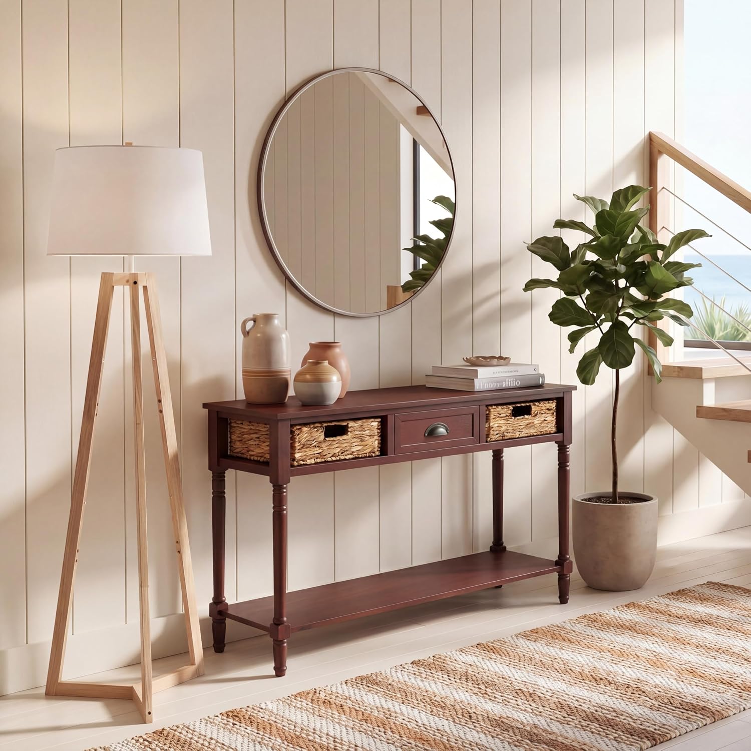 SAFAVIEH Home Collection – Christa Cherry Console Table with Rattan Drawers & Shelf, Coastal Cottage Storage Console, Vintage Design (AMH5737C)