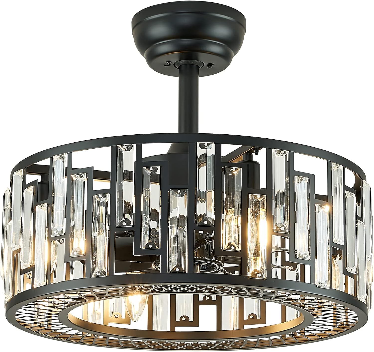 Crystal Caged Ceiling Fan Light Modern Black Fandelier with Remote Control Bladeless Ceiling Fan Lighting for Bedroom Dining Room Kitchen Living Room