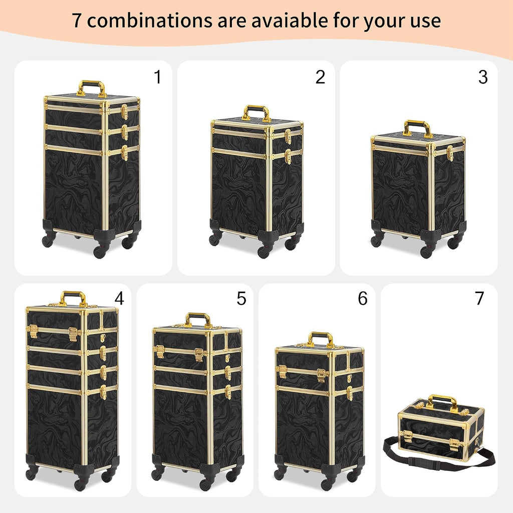 Somduy Rolling Makeup Case, Makeup Train Case with Lid, 5 in 1 Cosmetology Case on Wheels, Christmas Gift, Large Makeup Organizers, Profesional Cosmetic Case for Salon Barber, Pattern Black Gold