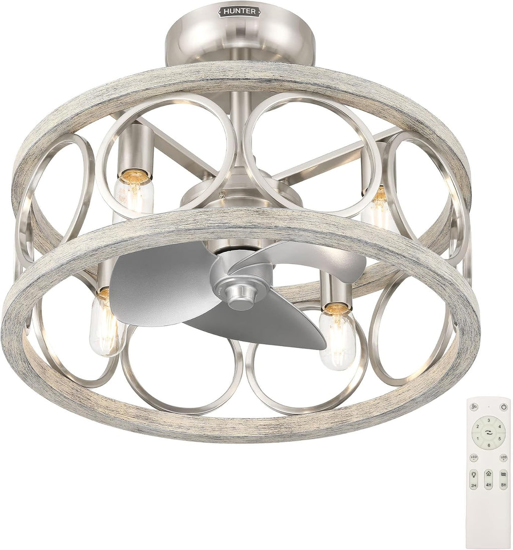 Hunter Haven 22 inch Indoor Fandelier Caged Ceiling Fan with Light and Remote, Brushed Nickel Ceiling Fan with Wood Accents, Industrial Farmhouse Style for Bedrooms, Living Rooms, Home Offices, 50104