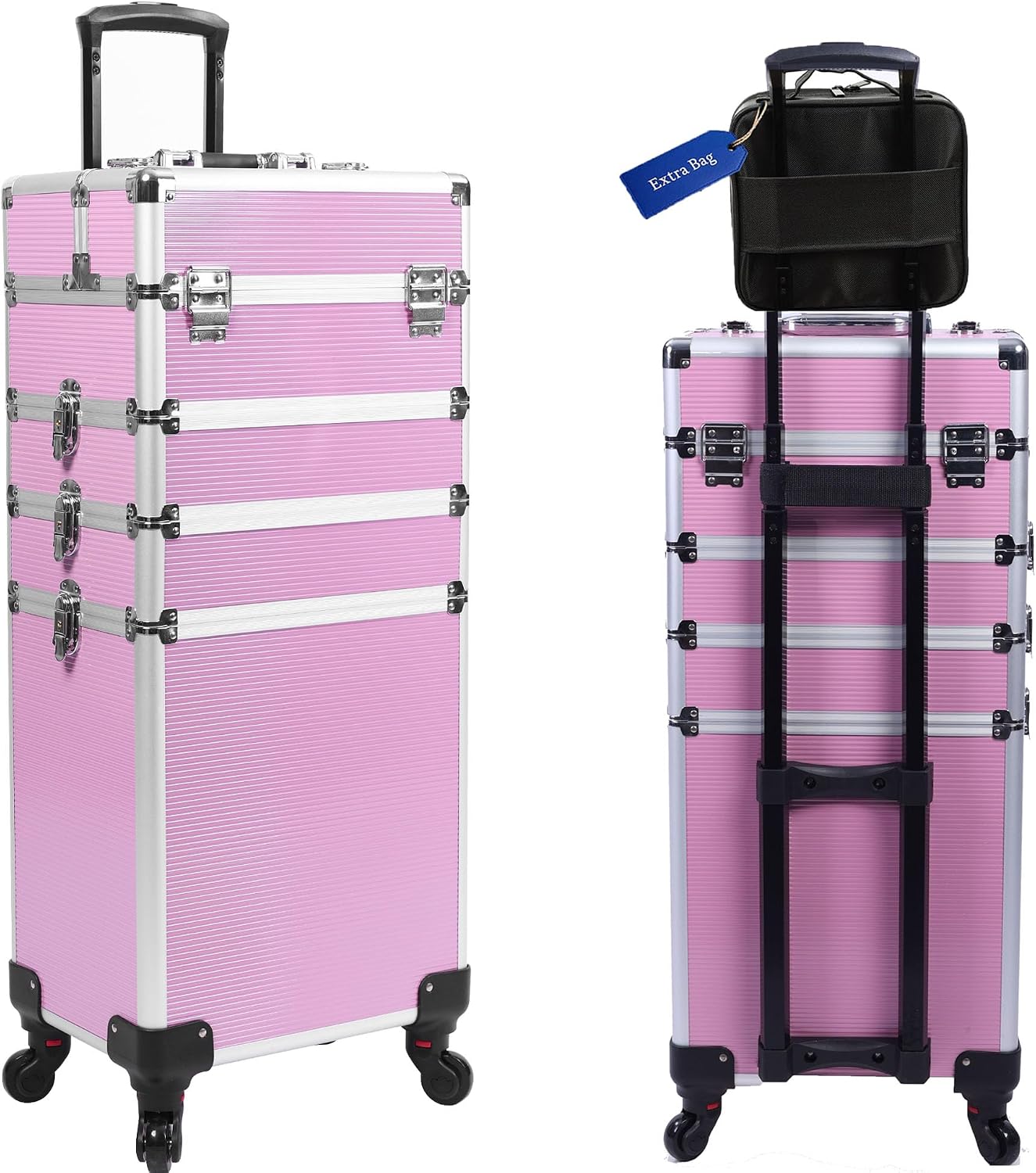 5-in-1 Rolling Makeup Train Case, Large Professional Cosmetic Trolley Organizer on Wheels with 360° Swivel Wheels, Lockable Black Aluminum Travel Case for Makeup Artists, Nail Techs & Hairstylists