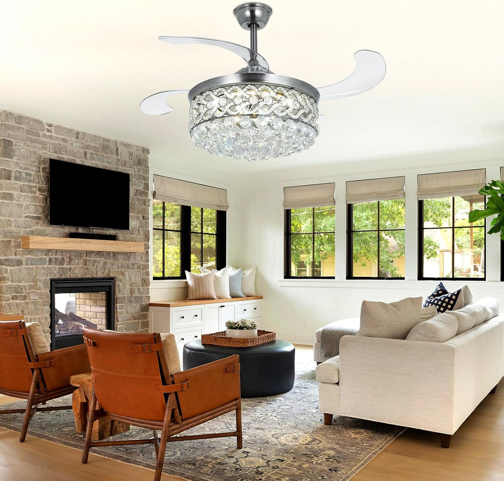 BIGBANBAN 42' Crystal Chandelier Fan with Light Remote Control, Silver Retractable Ceiling Fan 3 Colors LED Light 3 Speeds Modern Smart Fandelier for Dinning Room Bedroom