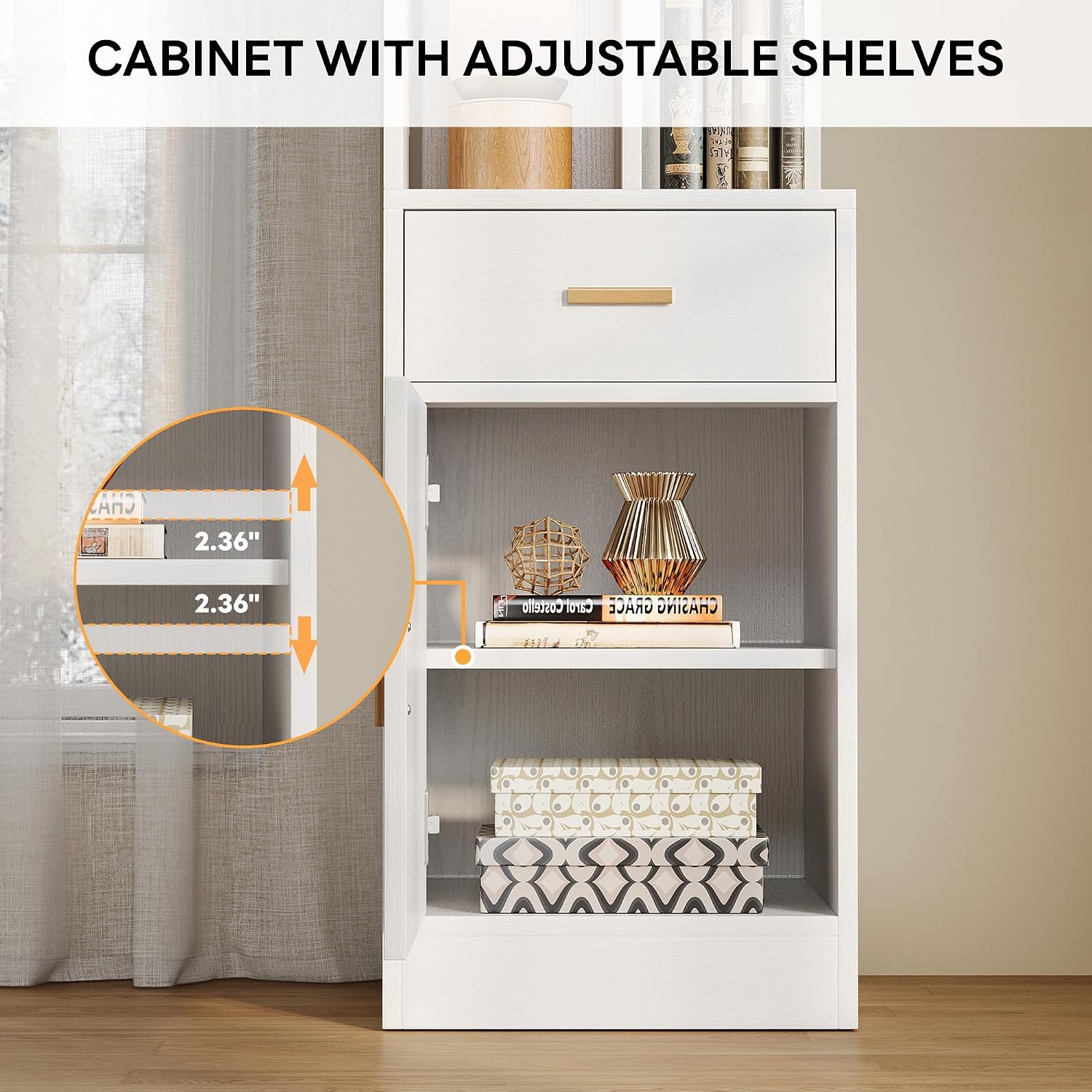 IRONCK Corner Bookshelf，72.8' Tall Corner Shelf with Drawer and Door, Narrow Corner Bookcase with Adjustable Shelves for Living Room Home Office, White
