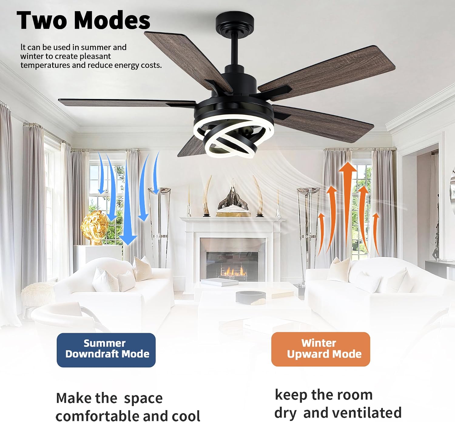 52 Inch Chandelier Ceiling Fans with Lights Remote Control,6 Wind Speeds,3 Lighting Colors Optional,DC Motor,DIY Rings LED,Farmhouse Ceiling Fan for Living Room/Dining Room/Bedroom/Kitchen