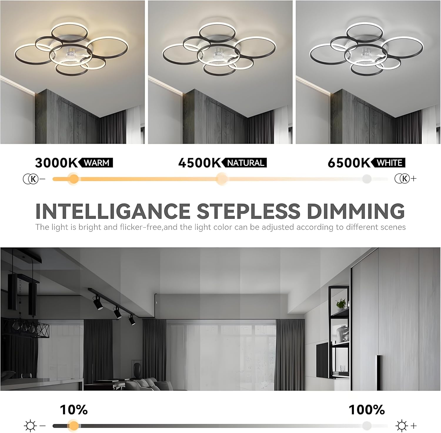 41'Modern Ceiling Fan with Lights and Remote, Smart Ceiling Fan for bedroom | Low profile ceiling fan has 3 colors light 6 speed, dimmable, super quite, timing, ceiling fans with lights for living room