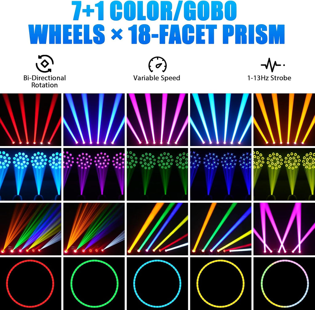 150W Moving Head Lights Beam/Spotlight/Strobe/Wash Stage Lighting 8 Gobos 8 Colors 18-Facet Prisms DMX512 Sound Activated for DJ Wedding Party Live Show Disco Events