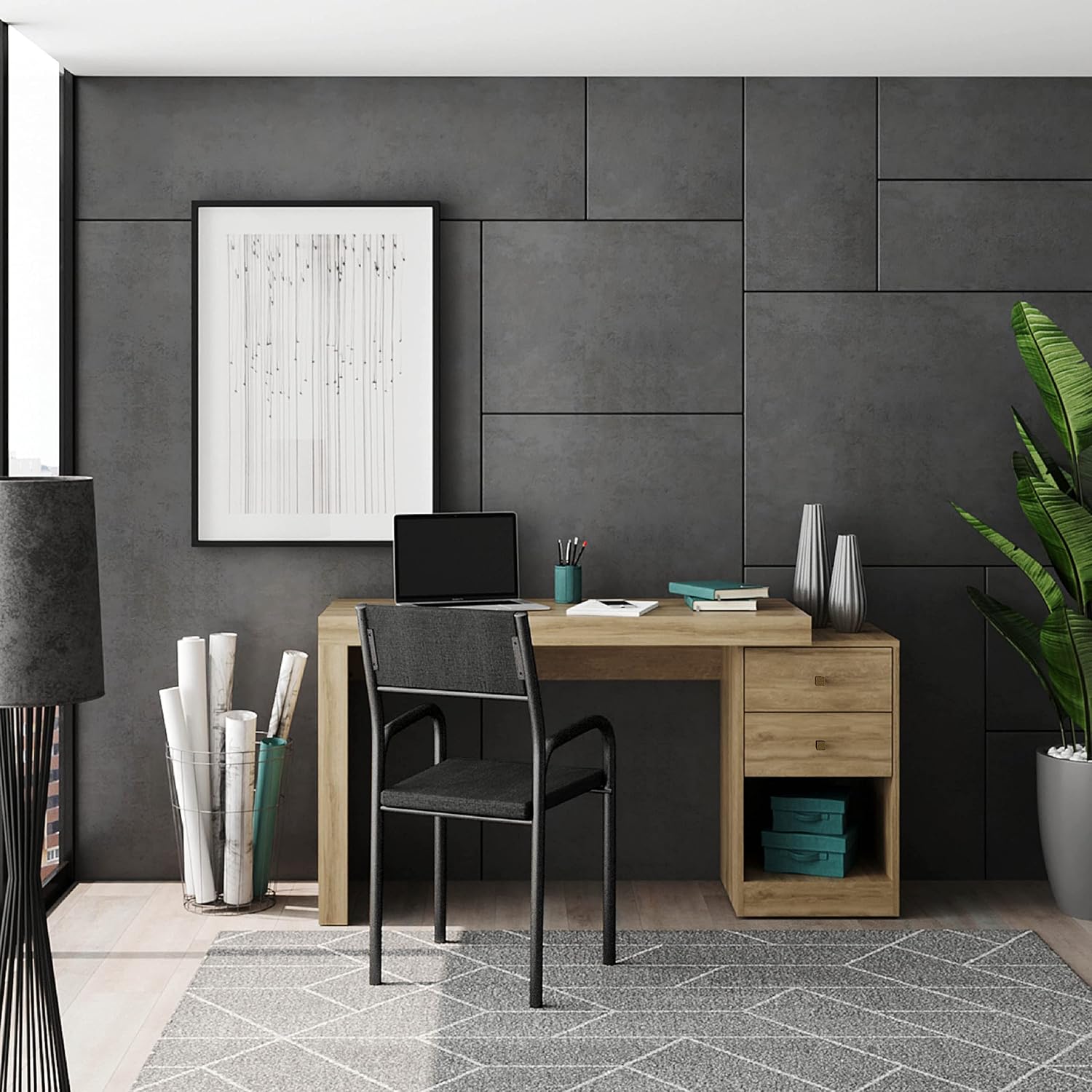 Expandable Desk with Storage Drawers & Open Shelf - Expands from 47 Inch to 57 Inch - Pine Computer Desk with Printer Space - Modern Home Office Table with Drawers - Techni Mobili Blanco Collection