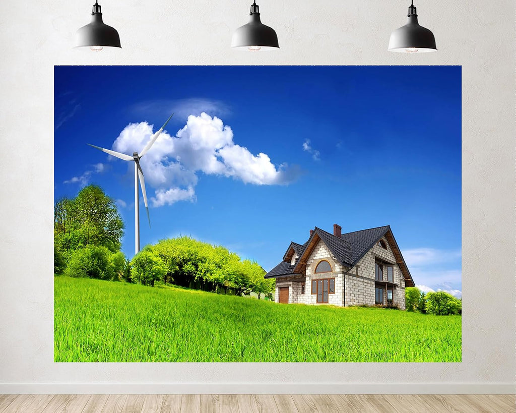 Trykid 20x10ft Friendly Country House Backdrop Wind Turbine Lush Green Fields Clear Blue Sky Clouds Photography Background Sustainable Party Decoration Photo Booth Prop Fabric