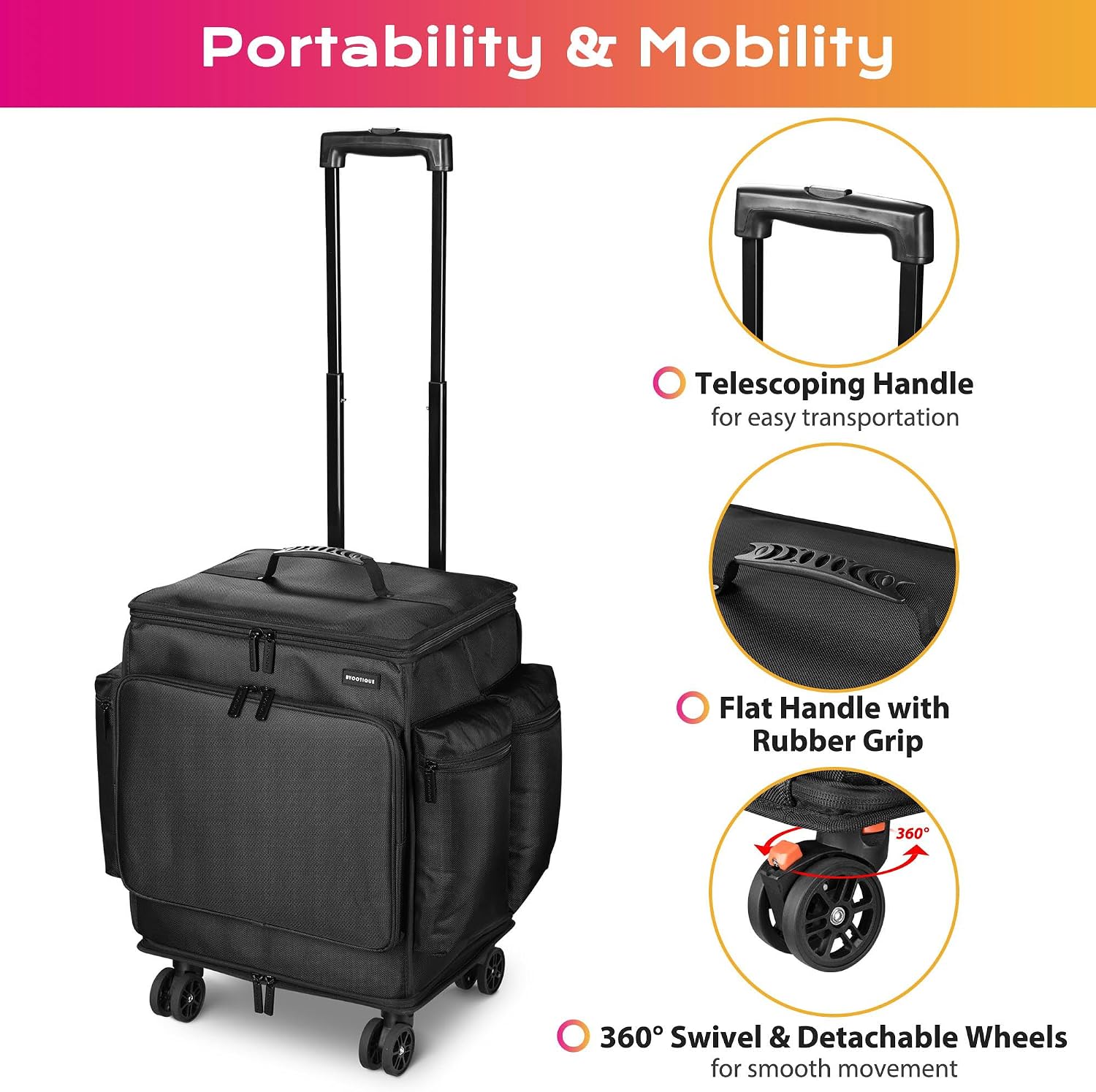 BYOOTIQUE Soft Sided Rolling Makeup Train Case Travel Backpack For Hair Stylist Tools Curling Iron Straightener Salon Barber Shop, Black