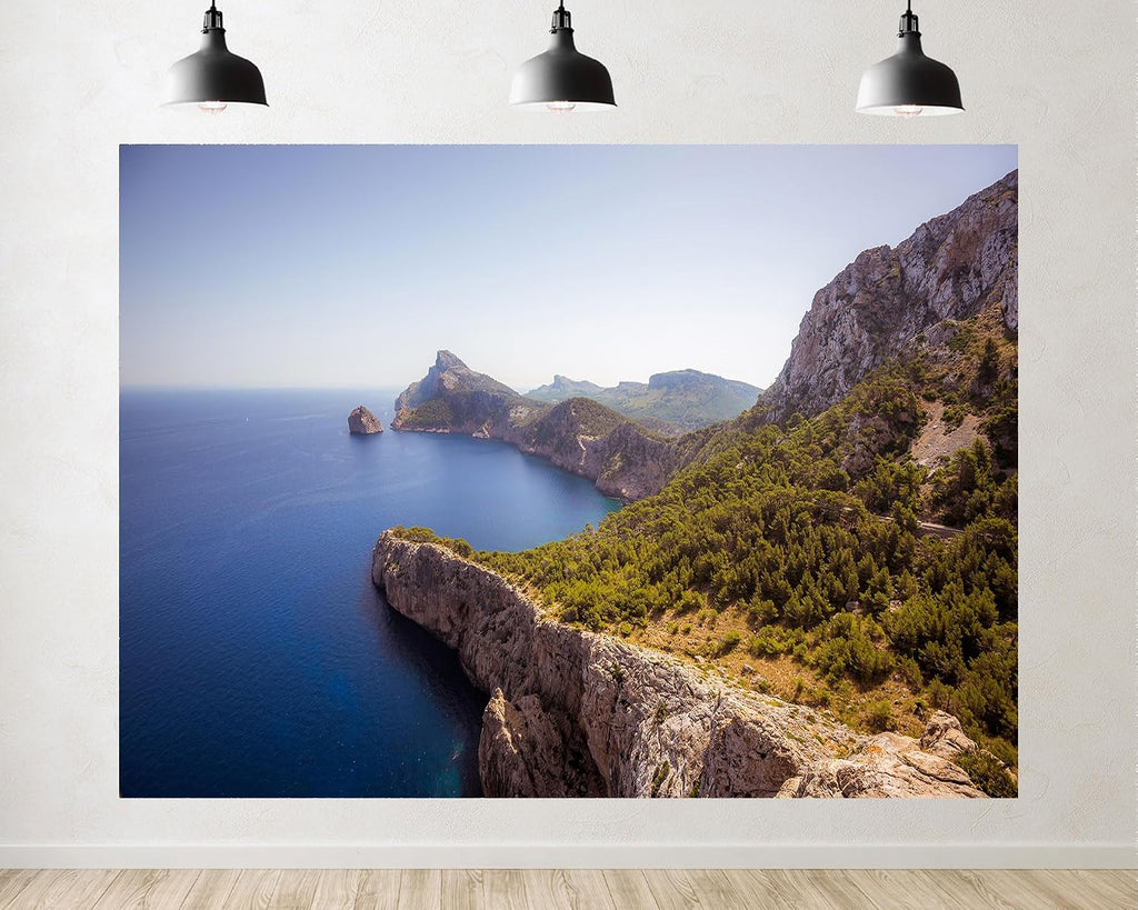 Trykid 20x10ft Cliff Coast Sea Backdrop Rugged Terrain Clear Skies Mediterranean Green Hills Rock Photography Background Travel Adventure Tapestry Party Decoration Photo Booth Prop Fabric