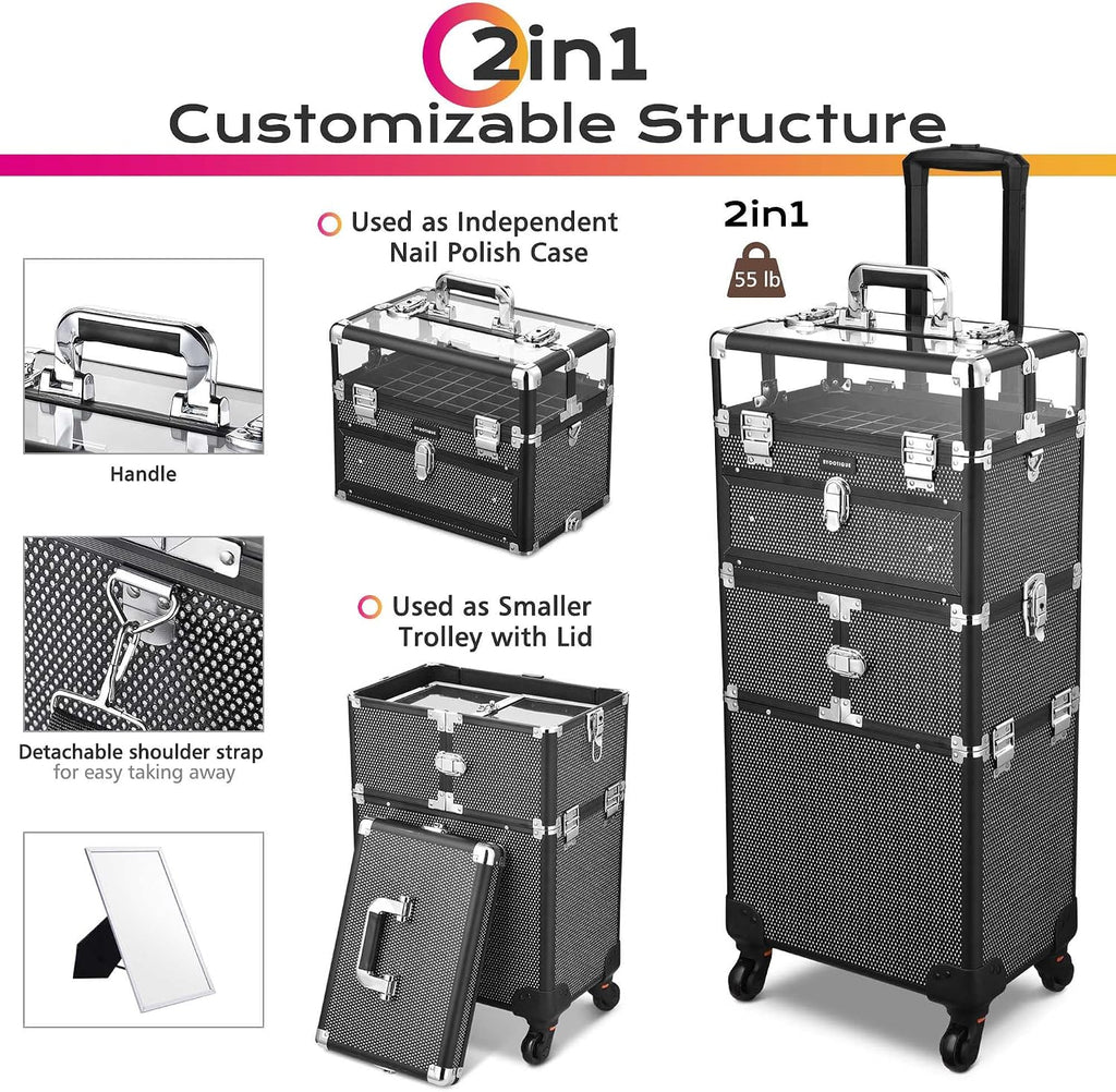 BYOOTIQUE 2in1 Nail Polish Organizer Rolling Makeup Train Case Manicure Cosmetic Trolley Travel Organizer Nail Case with Clear Lid Extendable Trays 4 removable wheels 54 Slots (Black)