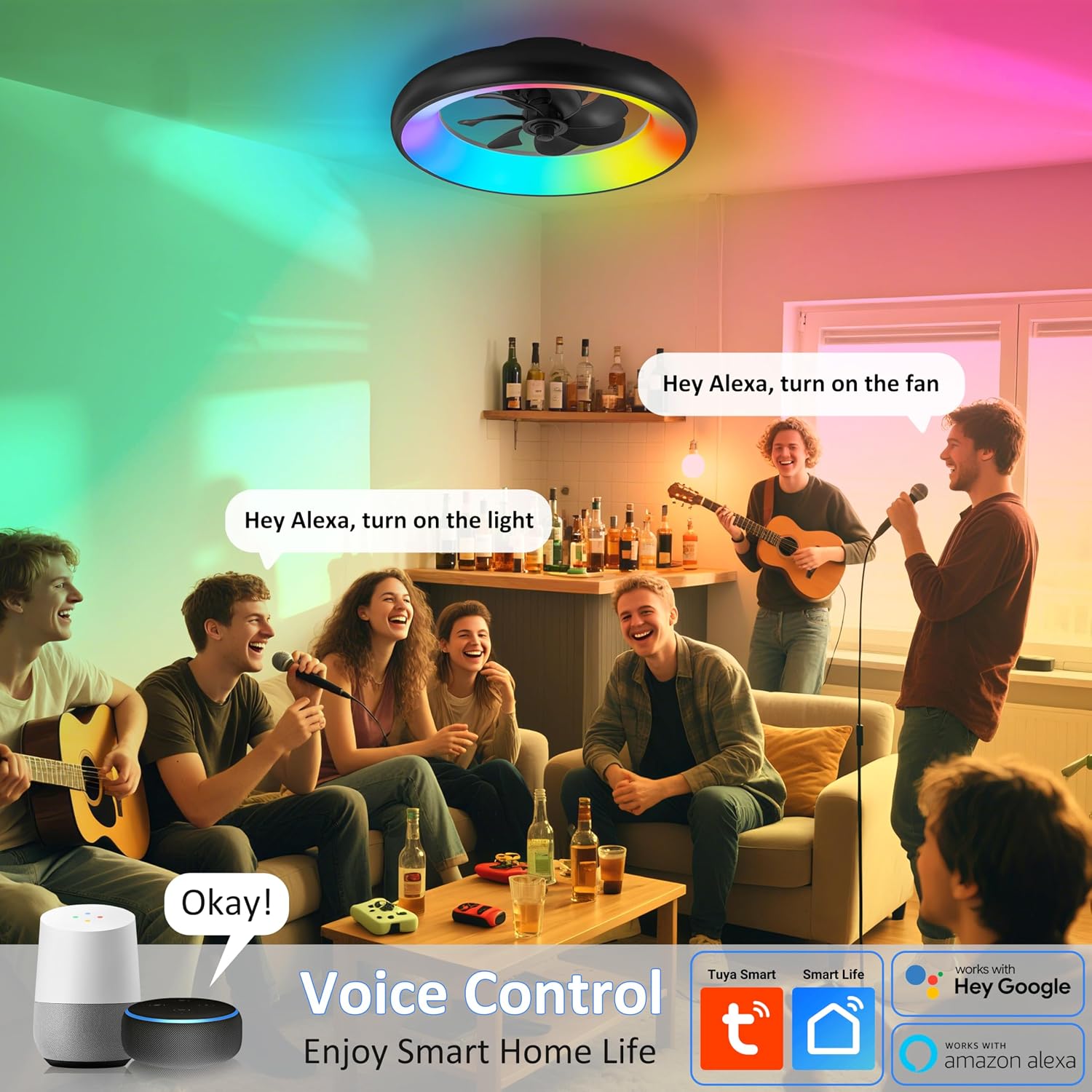 Low Profile Ceiling Fans with Lights, Dimmable Smart RGB Ceiling Fan With Alexa/Google Assistant/App/Remote Control, 6-Speeds Reversible Black LED Ceiling Fan for Bedroom Kitchen Foyer