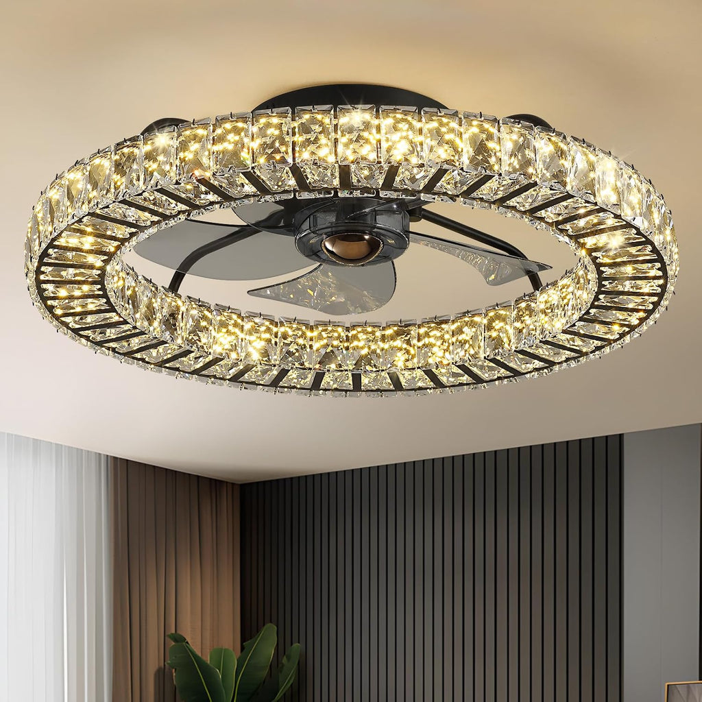 LUDOMIDE Flush Mount Ceiling Fan with Light, 22' Modern Crystal Chandelier Ceiling Fan with Smart 4-Light Color Change, Dimmable LED Ceiling Fan, 6 Wind Speeds, Low Profile Ceiling Fan for Bedroom