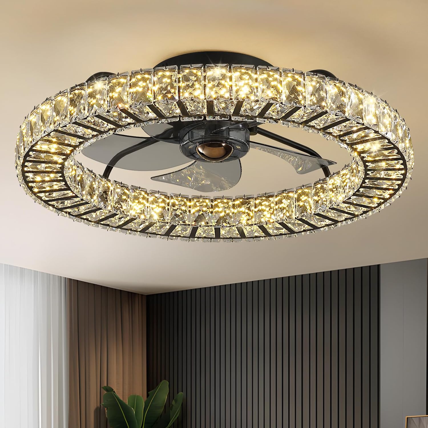 LUDOMIDE Flush Mount Ceiling Fan with Light, 22' Modern Crystal Chandelier Ceiling Fan with Smart 4-Light Color Change, Dimmable LED Ceiling Fan, 6 Wind Speeds, Low Profile Ceiling Fan for Bedroom