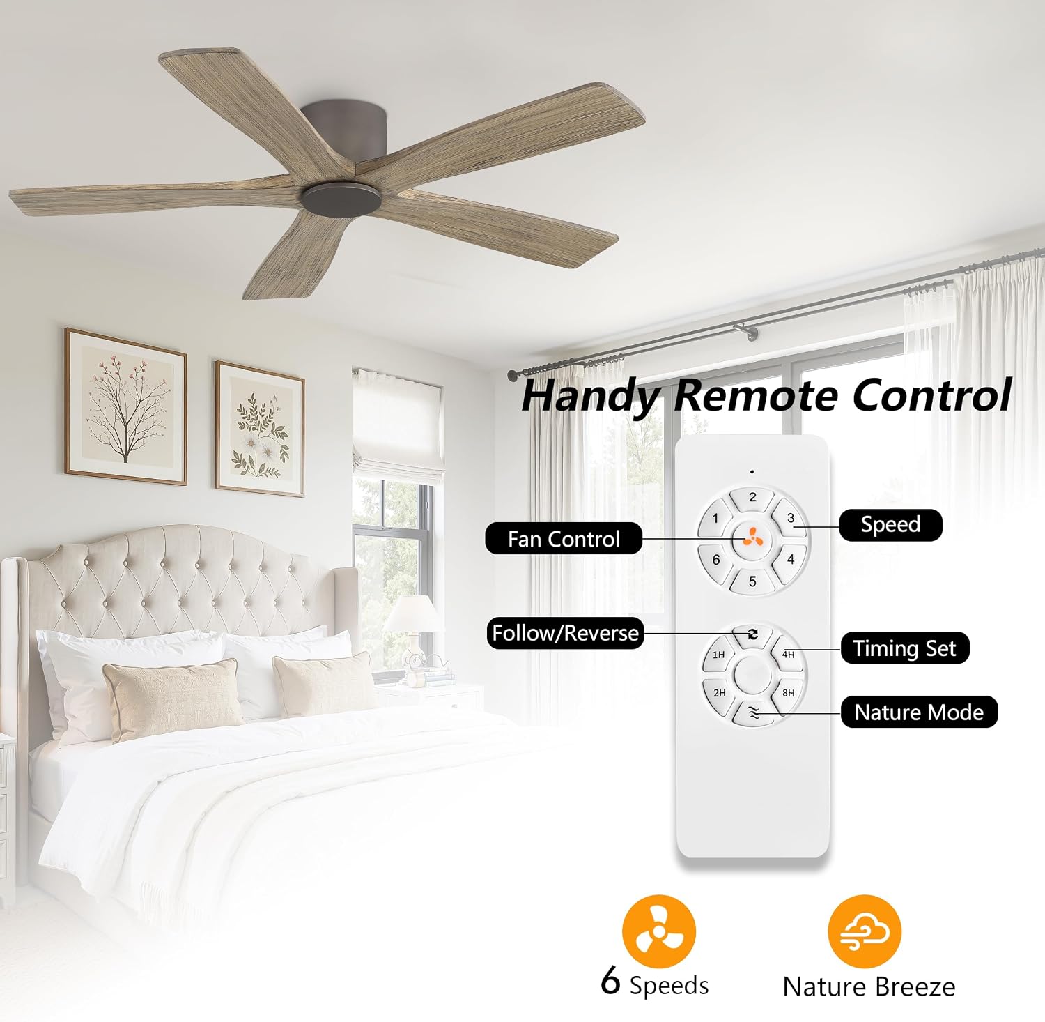 WINGBO 48' Flush Mount DC Ceiling Fans without Lights, 5 Carved Solid Wood Blades, 6-Speed Reversible DC Motor, Low Profile Hugger Ceiling Fan No Light for Living Room Bedroom Patio, Graphite and Gray