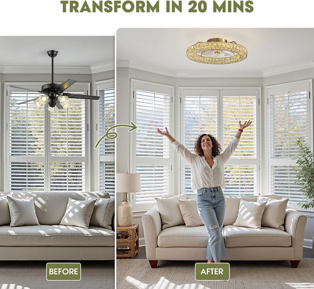 LUDOMIDE Flush Mount Ceiling Fan with Light, 22' Modern Crystal Chandelier Ceiling Fan with Smart 4-Light Color Change, Luxury LED Ceiling Fan, Low Profile Ceiling Fan for Bedroom (Gold)