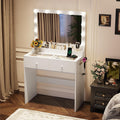 VINGLI 31.5' Small Vanity Desk with Mirror and Lights, Glass Top Makeup Vanity Table, White Dressing Table w/Hollywood Bulbs & Big Mirror, Corner Vanity for Bedroom, Girls Vanities