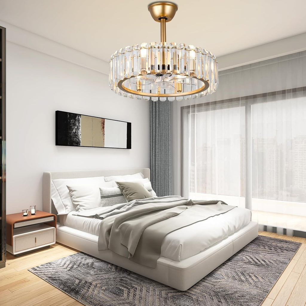 FRIXCHUR Gold Crystal Fandelier Ceiling Fan with Lights Remote 20.7 Inch Modern Chandelier Fan 6 Speeds Timer Reversible Flush Mount for Dining Bedroom Living Room Kitchen, 6 x E12 Bulbs Not Included