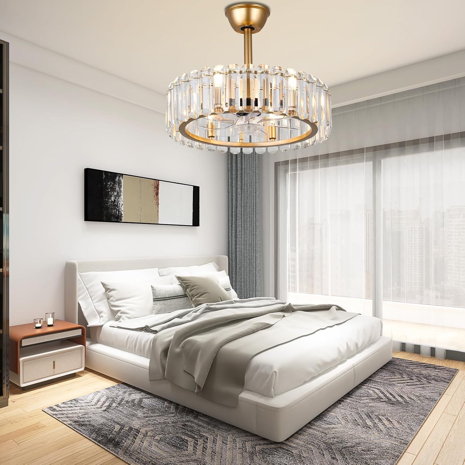 FRIXCHUR Gold Crystal Fandelier Ceiling Fan with Lights Remote 20.7 Inch Modern Chandelier Fan 6 Speeds Timer Reversible Flush Mount for Dining Bedroom Living Room Kitchen, 6 x E12 Bulbs Not Included