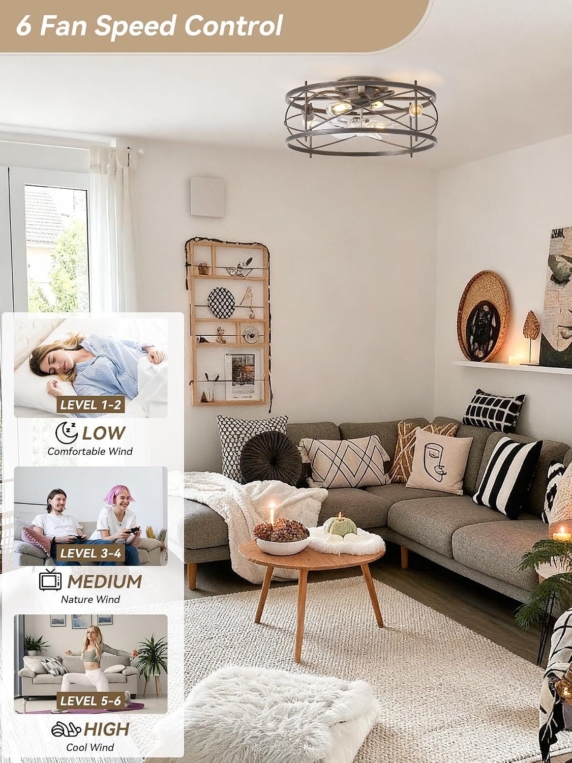 20' Rustic Ceiling Fan with Light Flush Mount, Farmhouse Caged Ceiling Fans with Lights and Remote, Bladeless Low Profile Ceiling Fan with 6 Speeds for Bedroom, Living Room, Nursery
