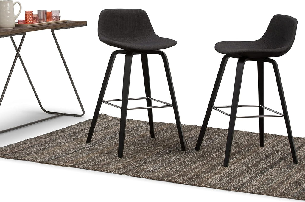 SIMPLIHOME Randolph Counter Stools (Set of 2) - 28 Inch Seat Height Upholstered Bentwood Kitchen Seats in Charcoal Grey Black Linen Look Fabric, Mid Century Seating with Curved Backrest and Footrest