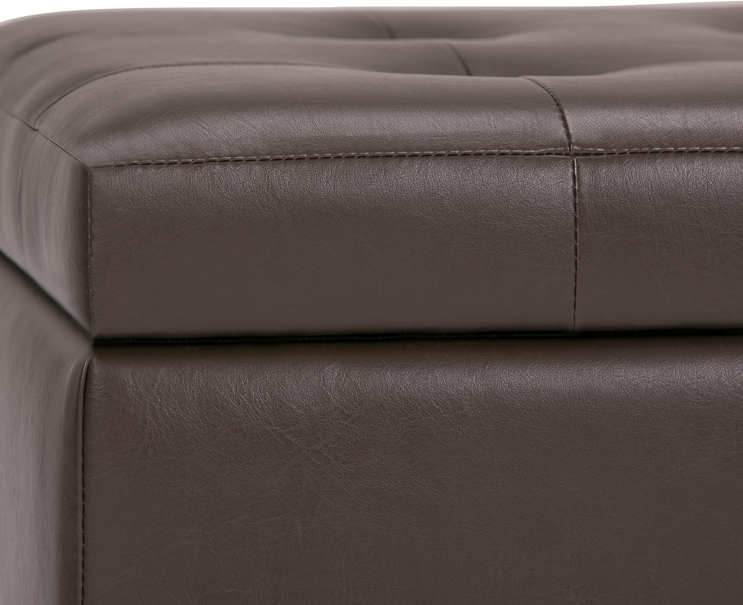 SIMPLIHOME Cosmopolitan Storage Ottoman - 34 inch Wide Upholstered Vegan Leather Rectangle Storage Ottoman Bench in Chocolate Brown, Transitional Tufted Ottoman for Living Room with Lift-Up Lid