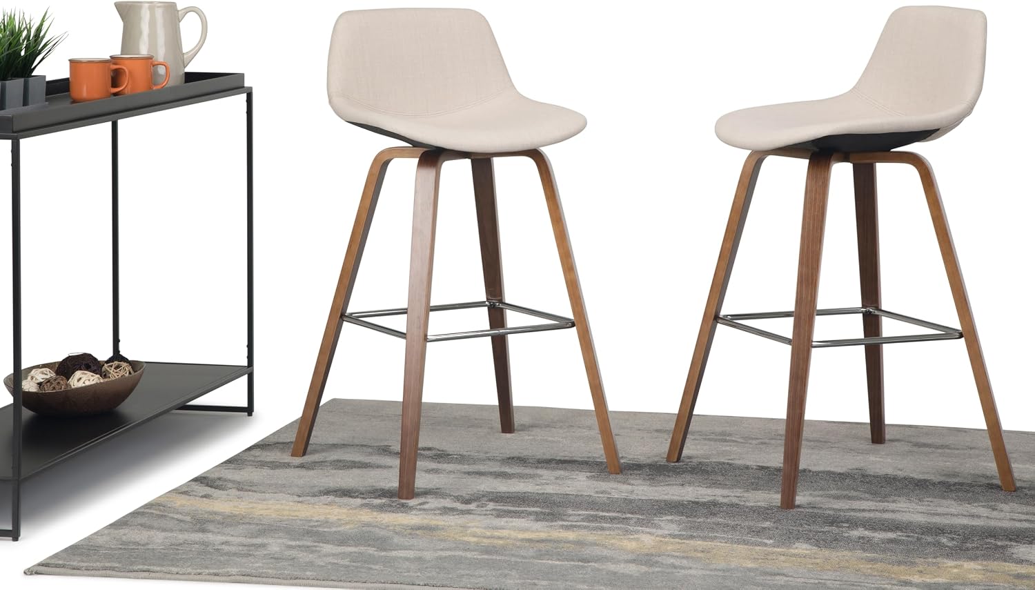 SIMPLIHOME Randolph Counter Stools (Set of 2) - 28 Inch Seat Height Upholstered Bentwood Bar Stools in Natural Linen Look Fabric, Mid Century Modern Seating with Curved Backrest and Chrome Footrest