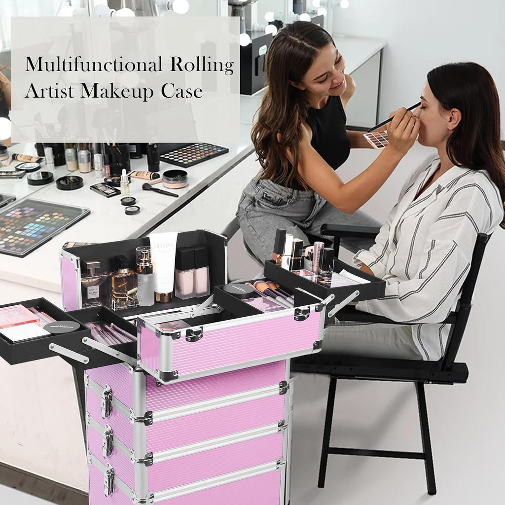 5-in-1 Rolling Makeup Train Case, Large Professional Cosmetic Trolley Organizer on Wheels with 360° Swivel Wheels, Lockable Black Aluminum Travel Case for Makeup Artists, Nail Techs & Hairstylists