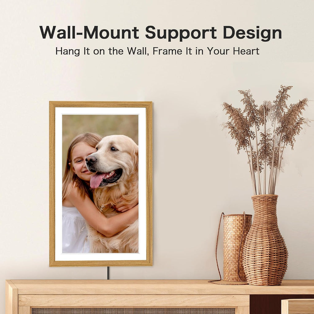 Digital Picture Frame, Frameo 15.6 Inch Large Digital Photo Frame WiFi, 1920 * 1080 IPS FHD Touchscreen, 32GB, Tabletop&Wall-Mounted, Share Video Picture, Electric Frame, Mom Gifts, Natural Woodgrain