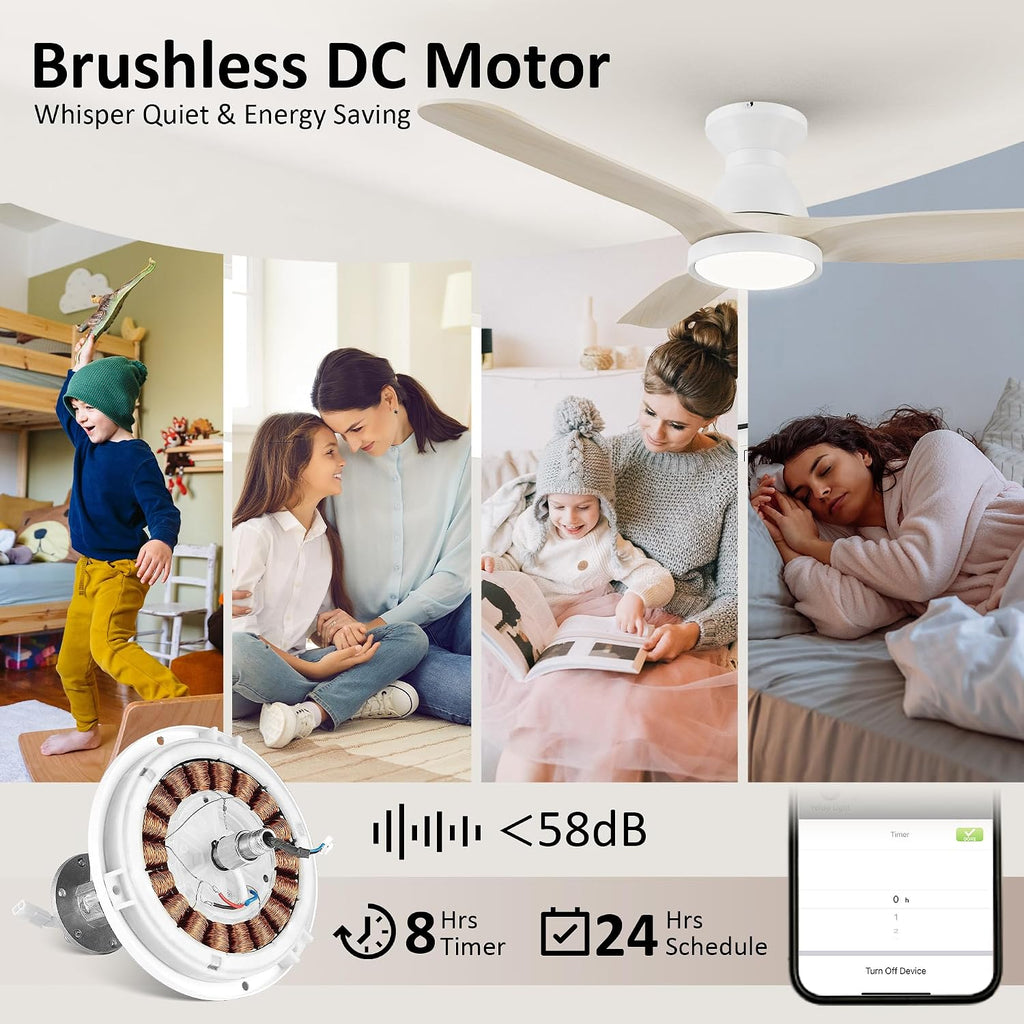 SMAAIR Smart Ceiling Fans with Lights Damp Covered, Solid Wood Flush Mount, Tri-Color Temperatures LED Dimmable,Quiet Reversible Motor, Works with Alexa|Google Assistant|Siri Shortcuts (52inch, White)