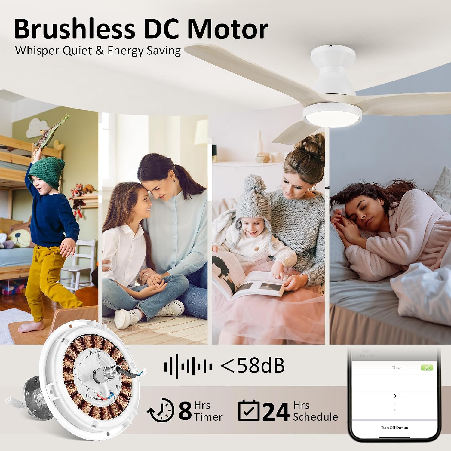 SMAAIR Smart Ceiling Fans with Lights Damp Covered, Solid Wood Flush Mount, Tri-Color Temperatures LED Dimmable,Quiet Reversible Motor, Works with Alexa|Google Assistant|Siri Shortcuts (52inch, White)